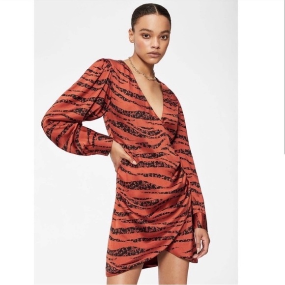 Anine Bing‎ Silk Wrap Penelope Dress XS Tiger Stripe Orange Long Sleeve Stars - Picture 4 of 16